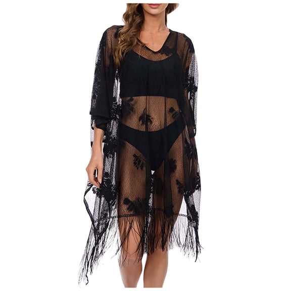 successthop Lace Cover Ups for Women Loose Crewneck Sheer Dress Half Sleeve Sundress Summer Beach Holiday Swimsuit Black