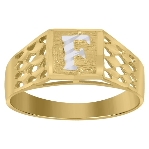 10kt 10k Two-Tone Gold Unisex Diamond-Cut Textured Initial Letter F Band Ring
