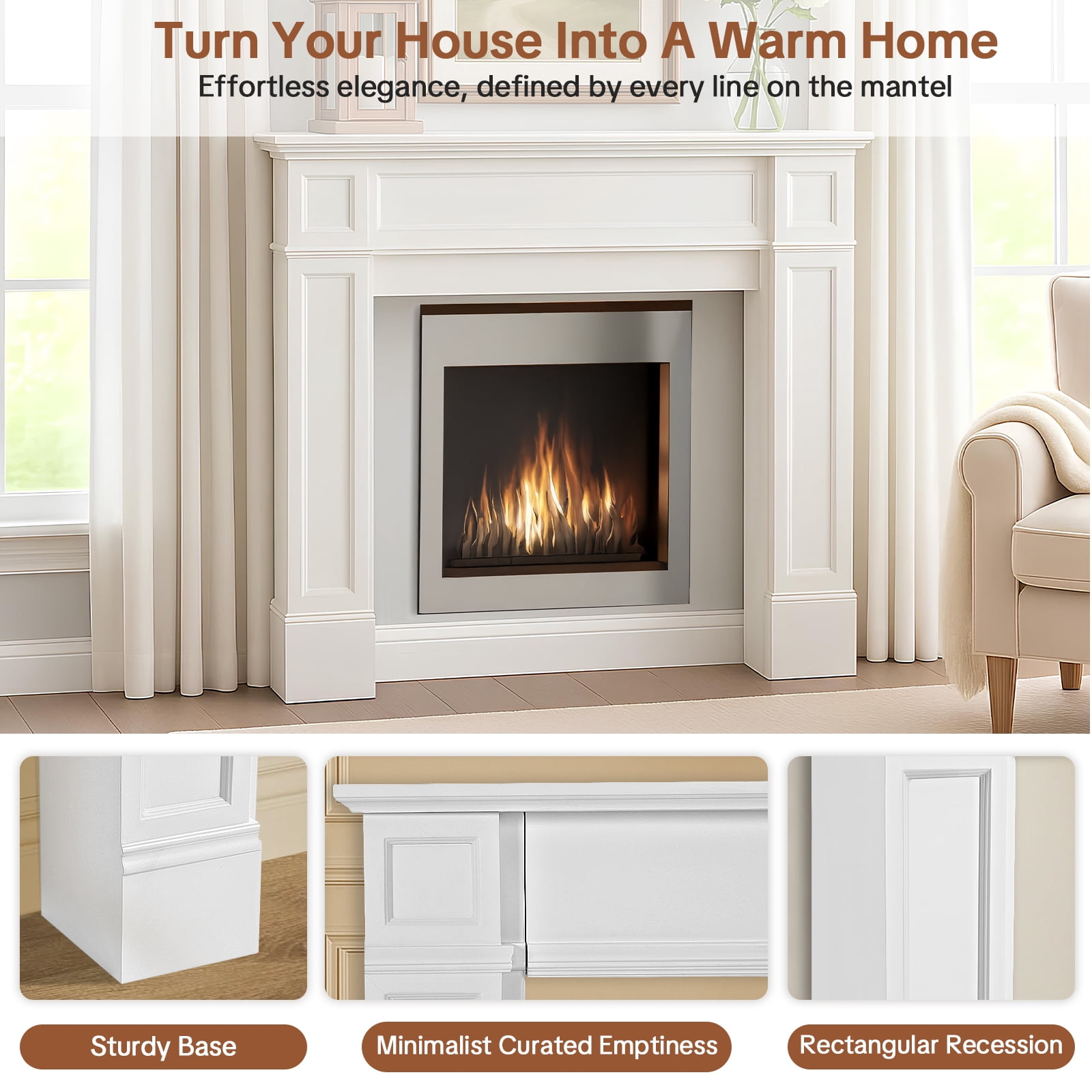 OUINCH 43.3" Fireplace Mantel, Freestanding Fireplace Surround with Leg for Electric Fireplaces, MDF Mantel Surround with Shelf for Living Room with Decorative Pattern, Anti-Tipping & Waterproof