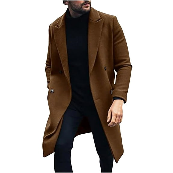 WREESH Men's Coat Single-Breasted Warm Cotton-Padded Jacket Long Coat Solid Color Long Sleeve Hoodless Casual Outwear & Jackets Brown