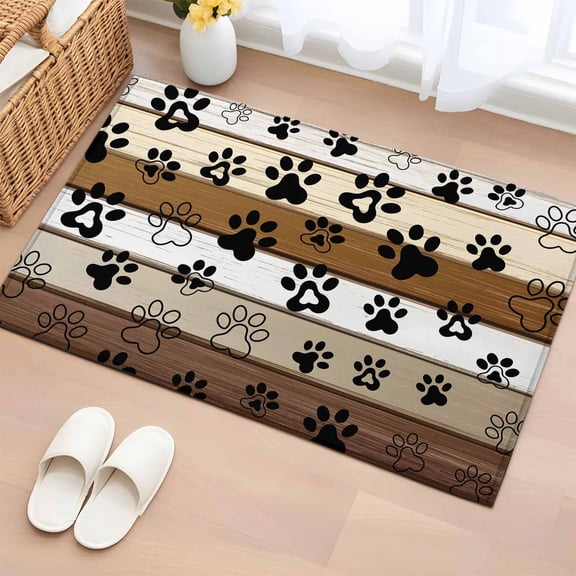 Brown Beige Farmhouse Bathroom Rug Washable 2x3 Entryway Rug Non Slip Black Dog Paw Vintage Wooden Front Door Mat Low Pile Indoor Doormat Throw Floor Carpet for Kitchen Bedroom Entrance