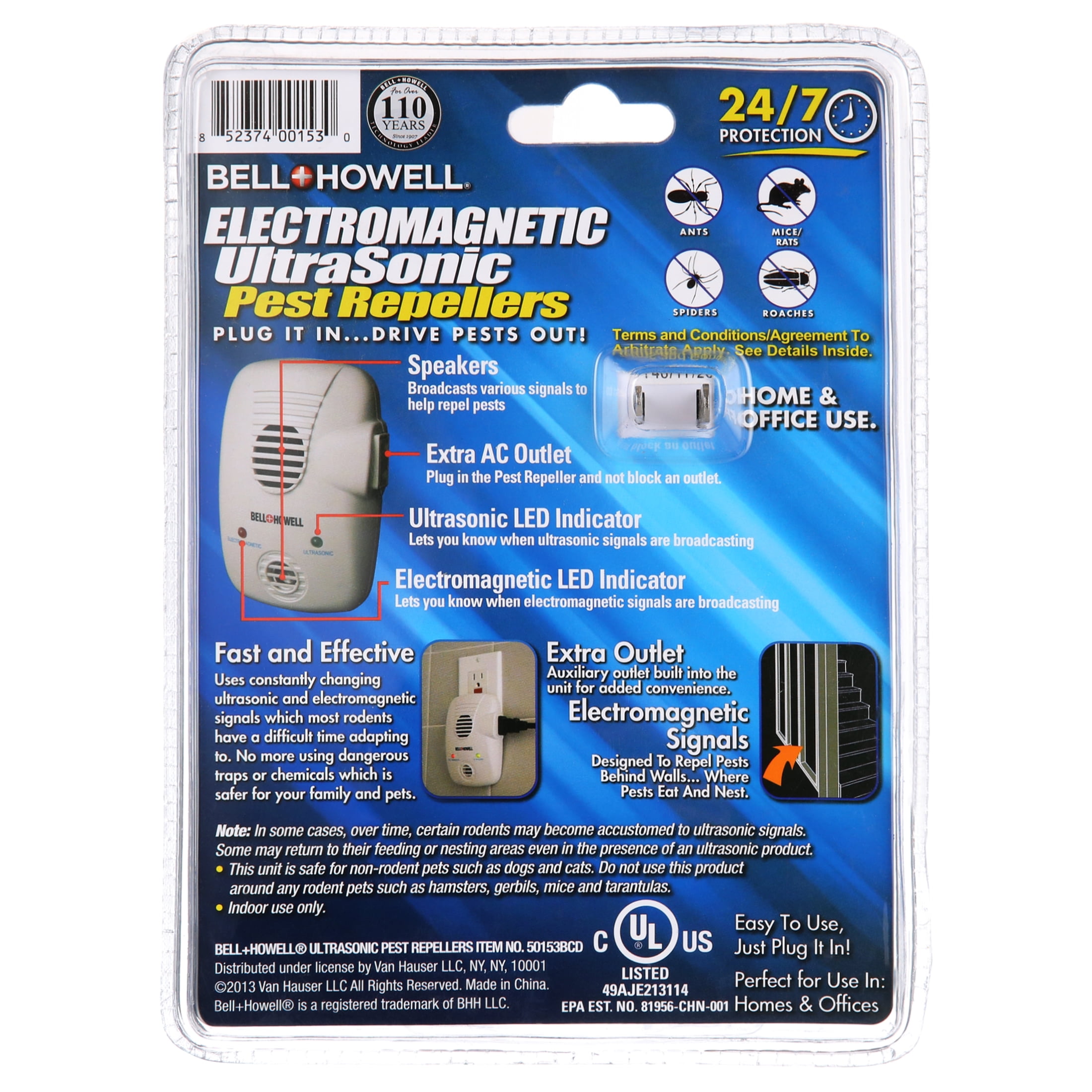 Bell Howell Electromagnetic Ultrasonic Pest Repeller With Extra Auxiliary Outlet