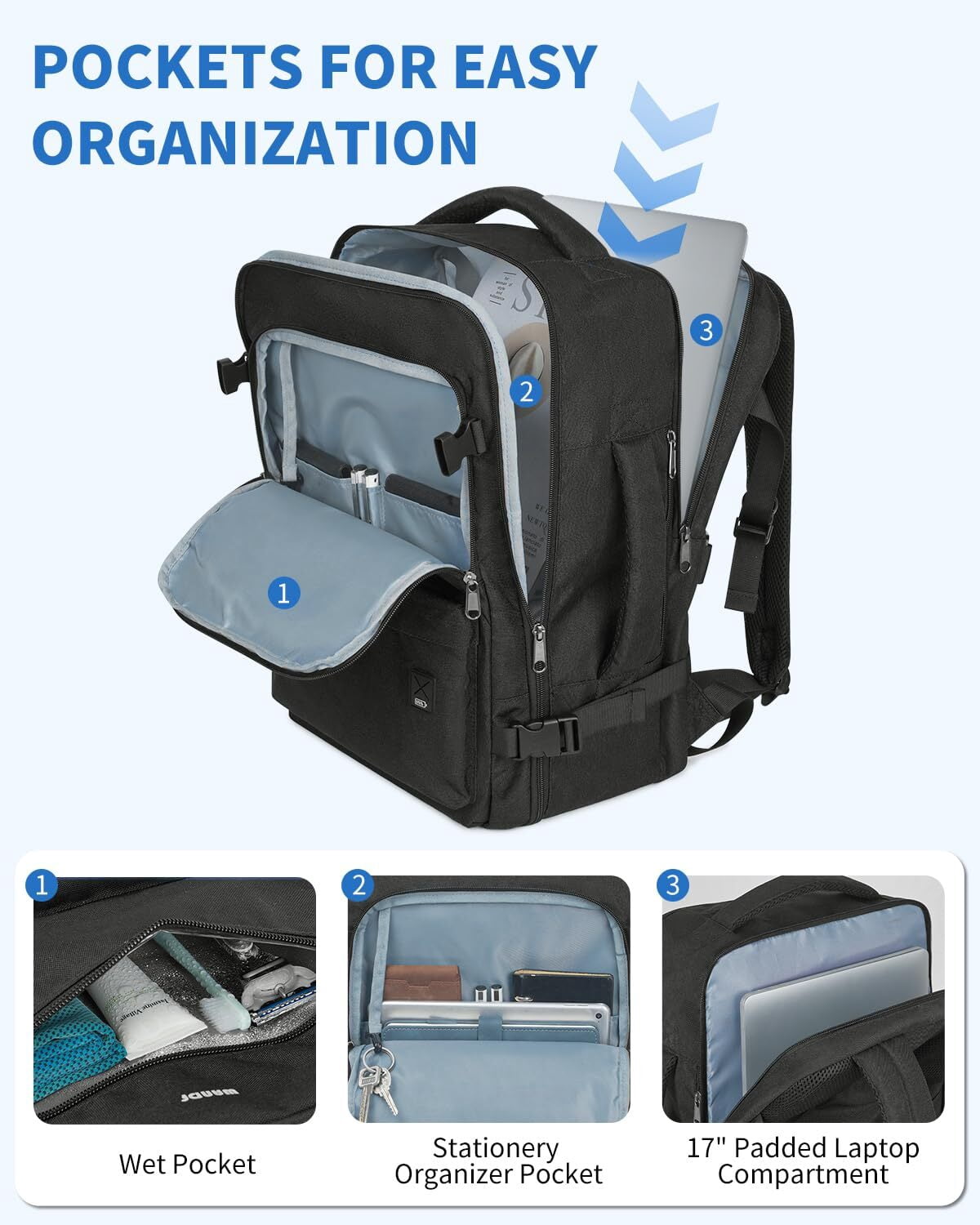 Business Travel Backpack Fits 17 Inch Laptop for Personal Item Bag 18x14x8 Clamshell Opening Carry on Laptop Backpack for Men with Wet Pocket, Black
