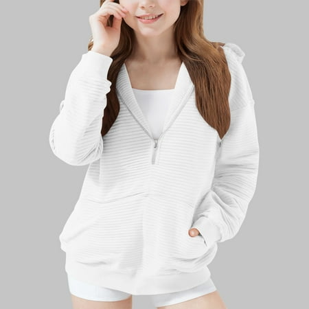 Kilaqueen Half Zip Hoodies for Teen Girls Casual Long Sleeve Plain Textured Sweatshirts Preppy Cute Jackets with Pockets 5-15 Years