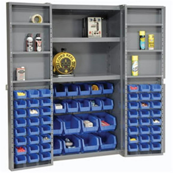 Global Industrial 662149BL Bin Cabinet Deep Door with 68 Blue Bins, Shelves, 16 Gauge Unassembled Cabinet, Gray - 38 x 24 x 72 in.