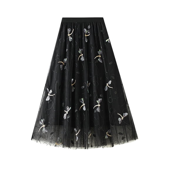 Tennis Skirts for Women Summer Women Elegant Lace Skirt Long Skirt High Elastic Waist A Line 3D Embroider Beach Skirt For Casual Skirt Black One Size