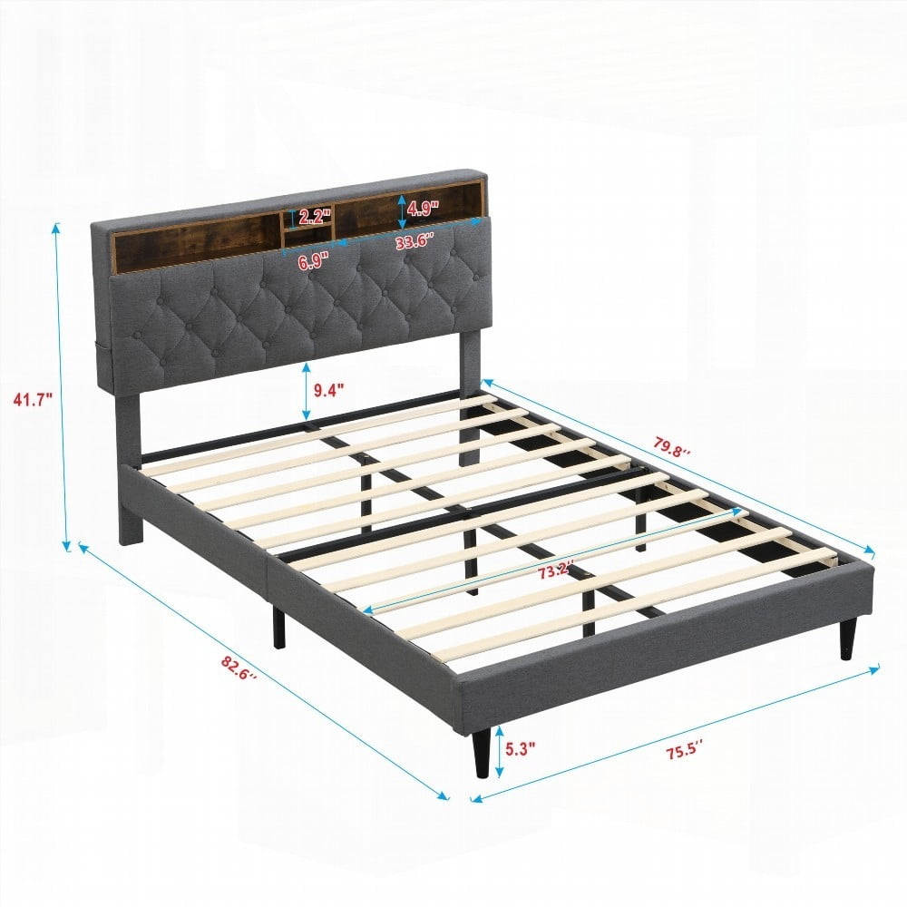 King Size Upholstered Platform Bed Frame with Modern Button-Tufted Linen Fabric Headboard,No Box Spring,Dark Grey for Bedroom