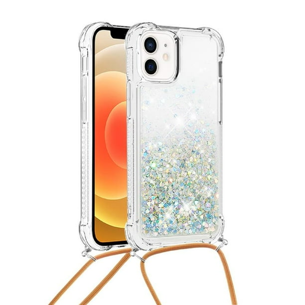 Funda FOXDOCK para iPhone 12 con Cuerda Ajustable, Brillo Líquido, Protección Antigolpes y Lente – Ideal para Regalo