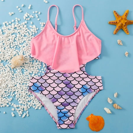 

nsendm Swimwear Outfits Hollow Bikini Summer Kids Swimwear Girls Print Ruffle Hem 1Piece Toddler Girl Swimsuit Size 5 Swimwear Pink 13 Years