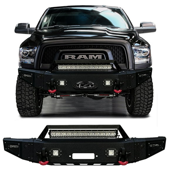 Vijay Compatible with 2019-2020-2021-2022-2023-2024 Dodge RAM 1500 Classic Warlock Front Bumper Textured Black Steel with Light and D-ring