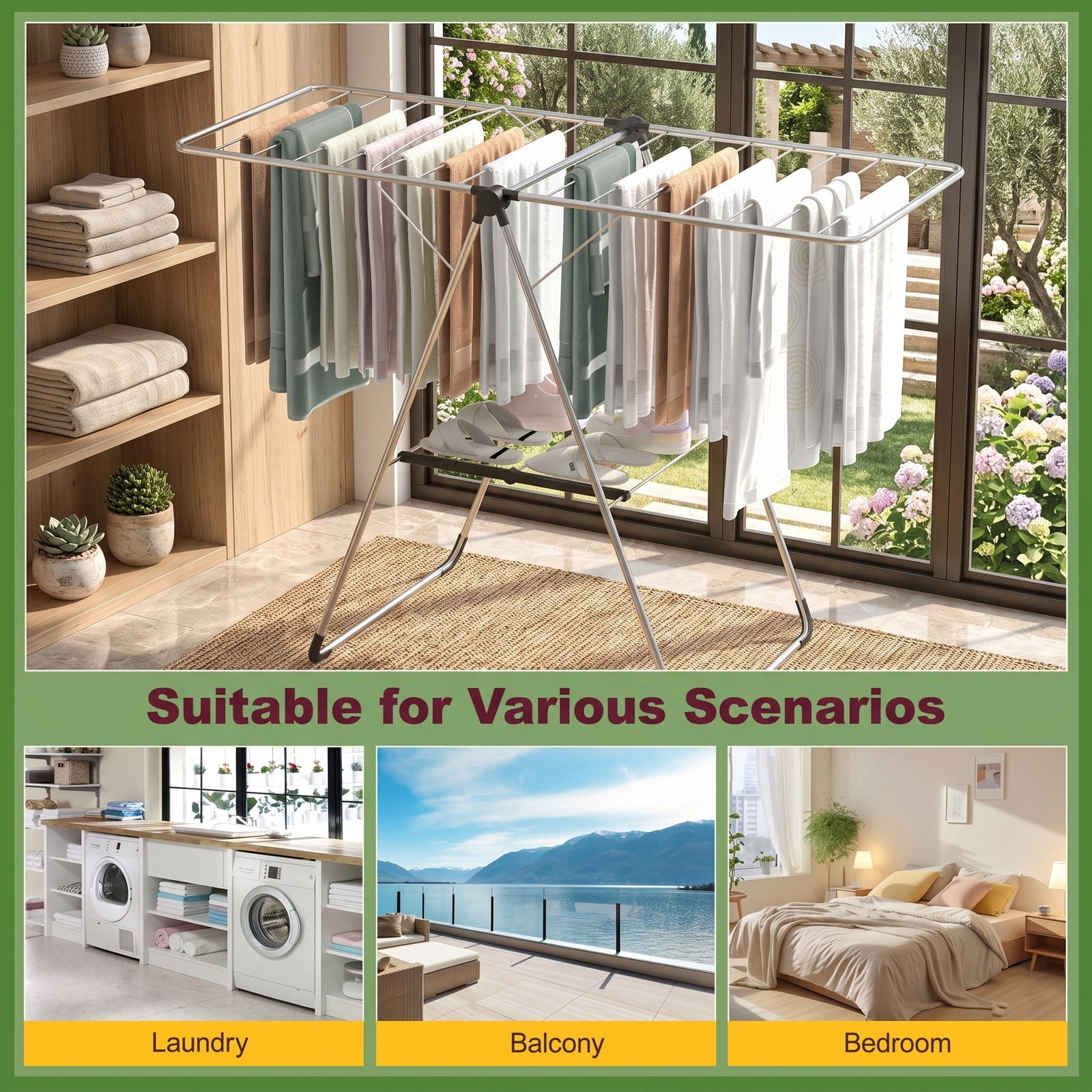 Fenbeli 2-Tier Laundry Drying Rack, Foldable Clothes Drying Rack with Rust-Proof Aluminum Frame, Space-Saving Collapsible Garment Air Dryer Stand for Balcony, Silver
