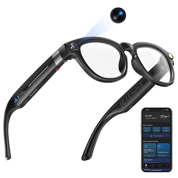 2026 Smart AI Glasses, 8MP Camera, Bluetooth Calling & Music, Waterproof, UV Protection, Anti-Blue Light（Black）