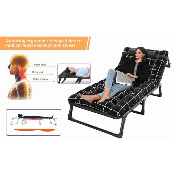 Camping Cot, Adjustable 4-Position Adults Reclining Folding Chaise with Pillow, Outdoor Lounge Chair Sleeping Cot Bed, Perfect for Office, Pool, Beach, Patio TidBay