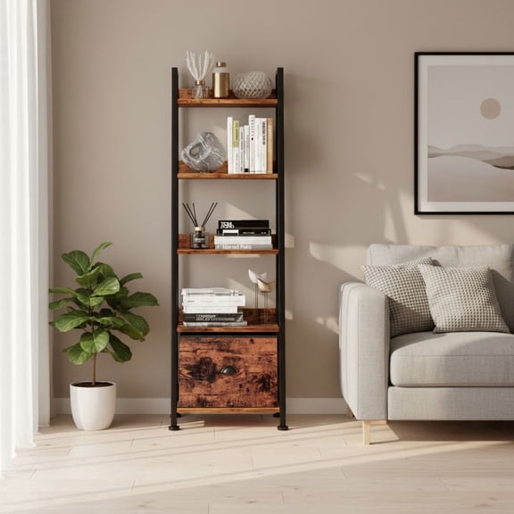 Kreppo Brown Bookcase, Furniture Ladder Shelves with Drawer