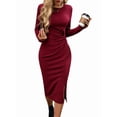 thumbnail image 3 of Robe Moulante à Manches Longues pour Femme, devant Torsadé, Fente, Sortie, Midi, Rouge Vin, TTG, 3 of 9