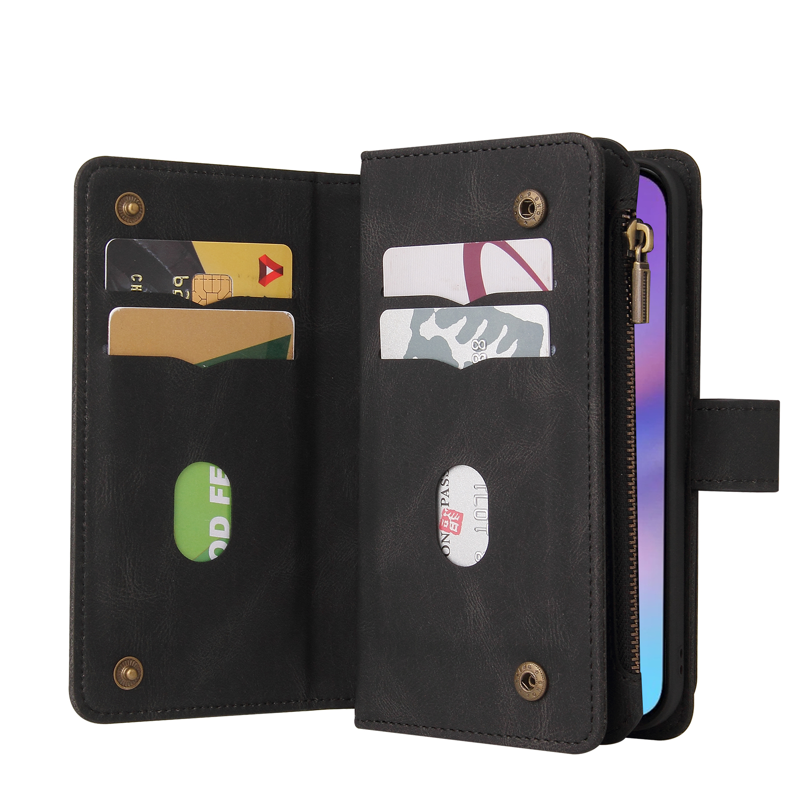 Phone Case for iPhone 17, Wallet Case Luxury Folio Flip Leather Cover [Zipper Pocket] [Wrist Strap] [Kickstand] for iPhone 17, Black