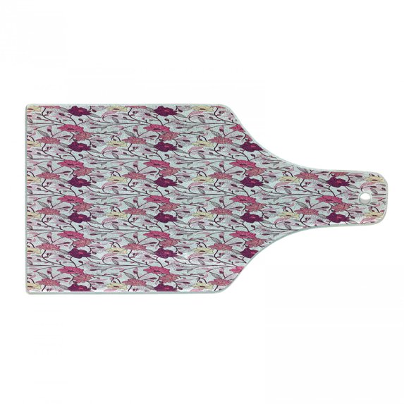 Japanese Cutting Board, Far Eastern Nature Sakura Tree with Buds and Blossoms Coming of Spring, Tempered Glass Cutting and Serving Board, Wine Bottle Shape, Pink Purple and Ivory, by Ambesonne