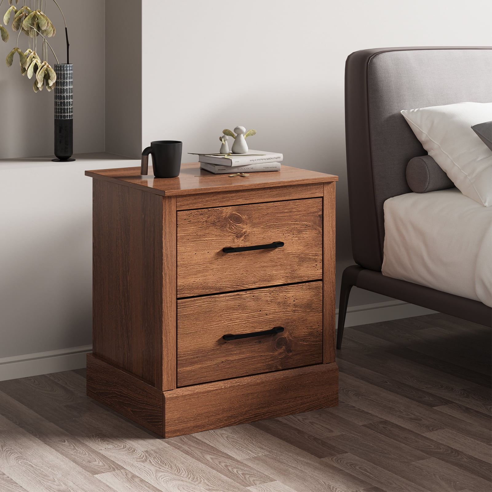 Costway 2 Drawer Nightstand Bedside Table Compact Sofa End Table Rustic Walnut