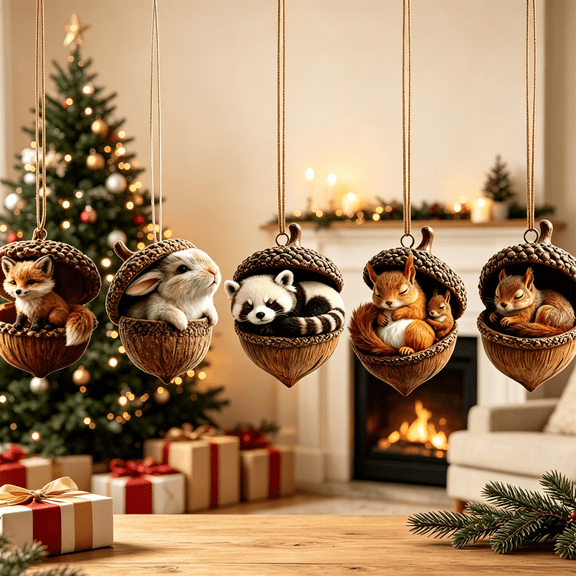PSVFUJZ 3D Forest Animal Acorn Ornaments, Woodland Christmas Decor with Realistic Animal Figures, Rustic Hanging Ornaments for Christmas Tree Home Party Decor, Cozy Forest Theme Collection, A