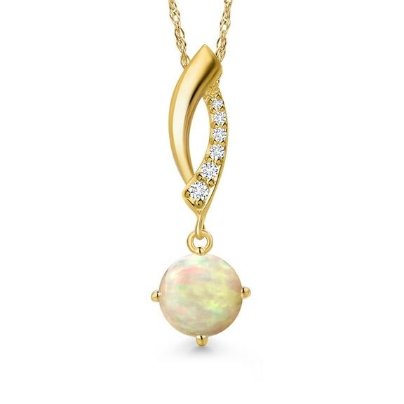 Gem Stone King 10K Yellow Gold White Ethiopian Opal and Lab Grown Diamond Pendant Necklace for Women | 0.59 Cttw | Gemstone October Birthstone | Round Cabochon 6MM | With 18 inch Chain