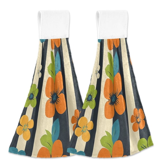 BZSMCE Hanging Hand Towels Fashion Colorful Floral Stripes Pattern 2-Pack - Velcro Style Bathroom Kitchen Towels
