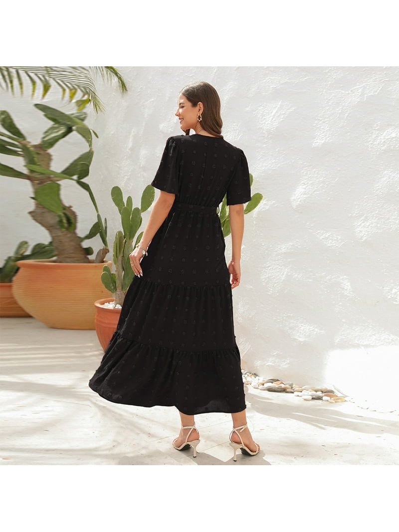 ladies black maxi dresses IWEMEK Women Dress Summer Maxi Dresses Beach Boho Flutter V Neck Black  Dresses for Ladies Elegant Chic Smocked Clothes