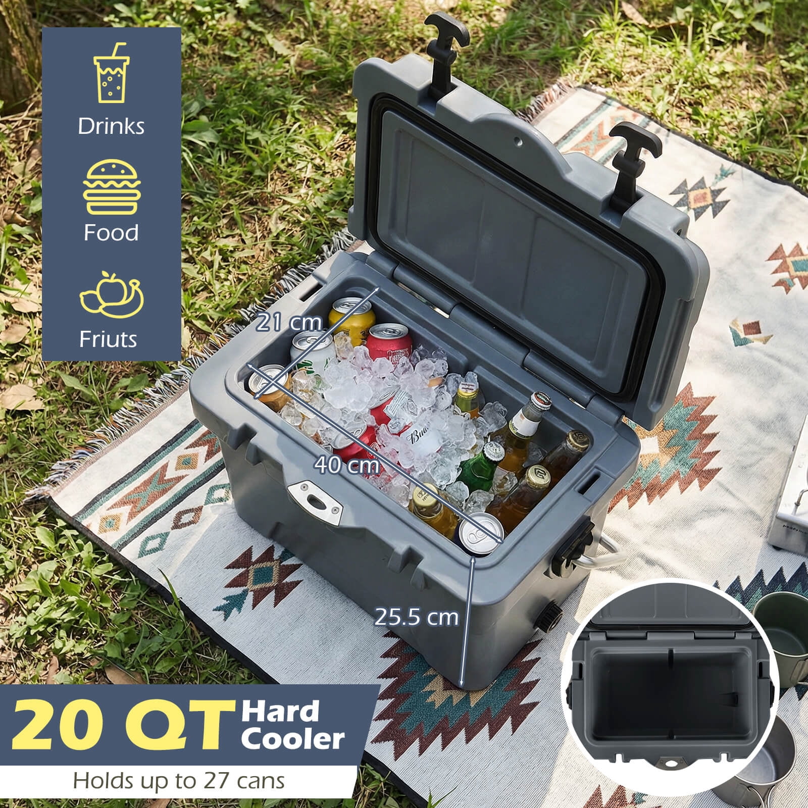 Costway 20 Quart Portable Hard Cooler Insulated Ice Chest Keeps Cool for up to 6 Days Gray