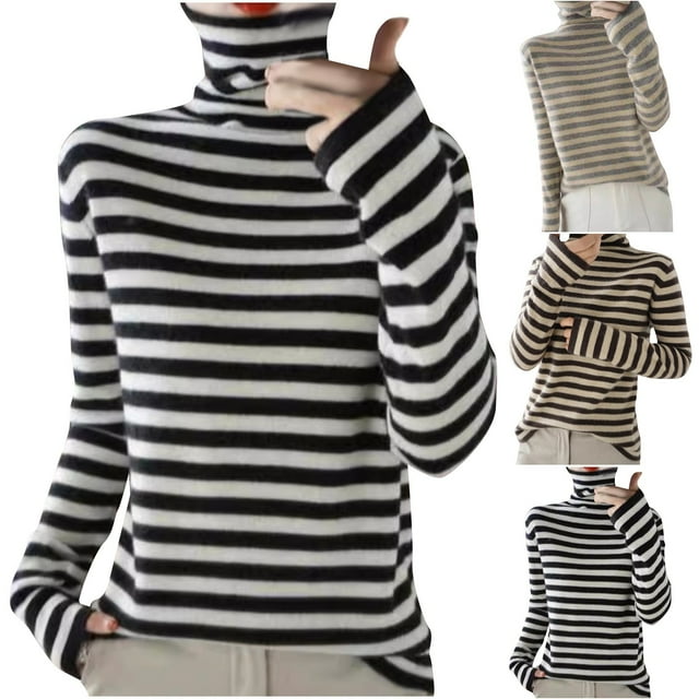 Sentmoon Chandails Confortables pour Femmes Col Haut Manches Longues Tenues de Club pour Femmes Grande Taille Rayé Mince Extensible et Flexible Hauts pour Femmes Automne et Hiver pour Petits Déjeuners Week-End Café TG