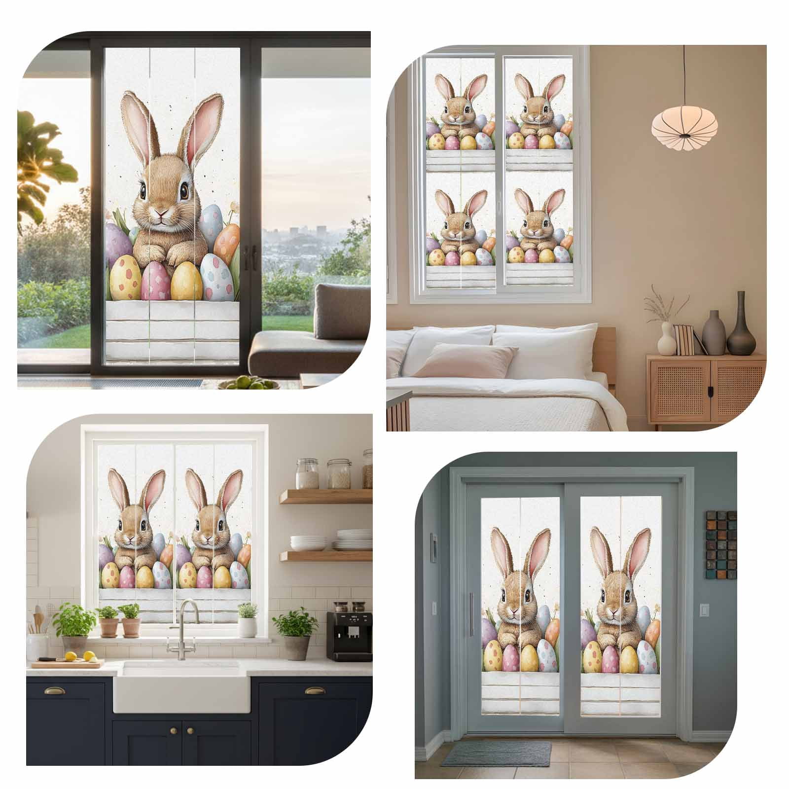 Easter Bunny Window Privacy Film, Cartoon Rabbit Purple Yellow Eggs Tulip Floral Leaf Frosted Glass Window Clings Static Cling UV Heat Blocking Reusable Door Sticker for Bedroom 23.6x78.7 Inch