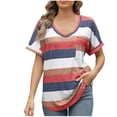 thumbnail image 2 of Sevevn Women's Fashion Casual Spring And Summer Striped Print V-Neck Shoulder Cuff Bag T-Shirt Top Red S Summer Clearance, 2 of 8