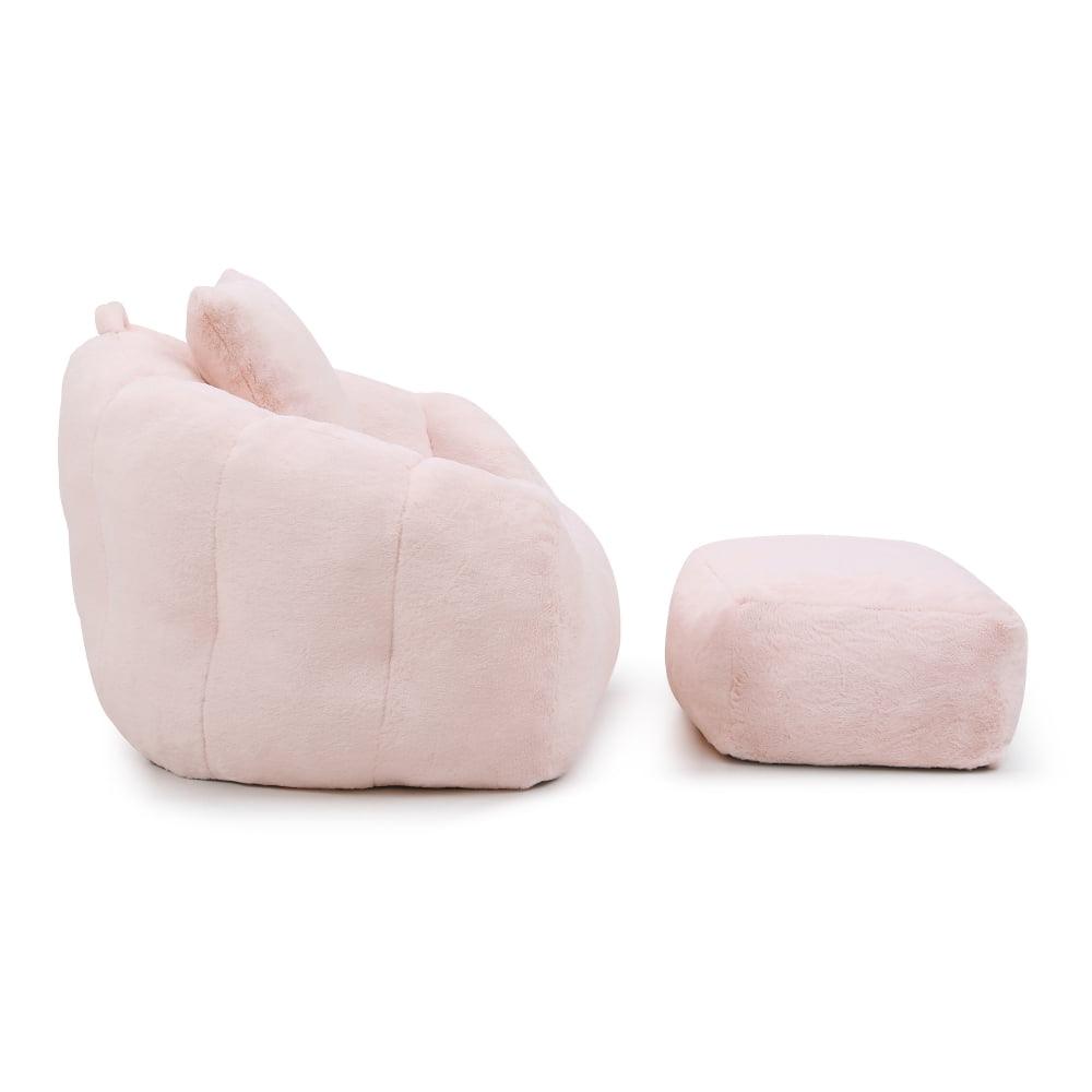 Giant Oversized Bean Bag Chair with Footstool - Faux Fur Shell-Shaped, Pre-Filled for Adults & Kids, Floor Sofa for Gaming, Reading, Living Room & Bedroom