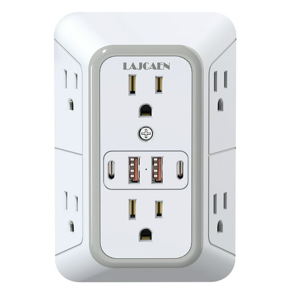 Multi Plug Outlet Surge Protector Wall Charger6 Outlet Extender with 4 USB Charging Ports (4.8A Total) 3-Sided 1050J Power Strip Adapter Spaced Outlets for Home Indoor