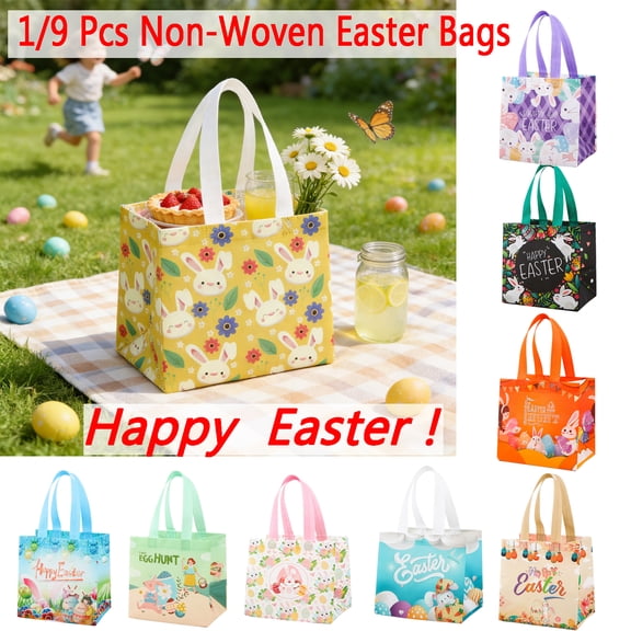 KOYPTL 9 Pcs Easter Gift Bags Easter Tote Bags with Handles Large Easter Bags Reusable Non-Woven, Bunny Easter Party Treat Bag for Boys Girls Waterproof Goodie Tote Bags for Holiday Favors