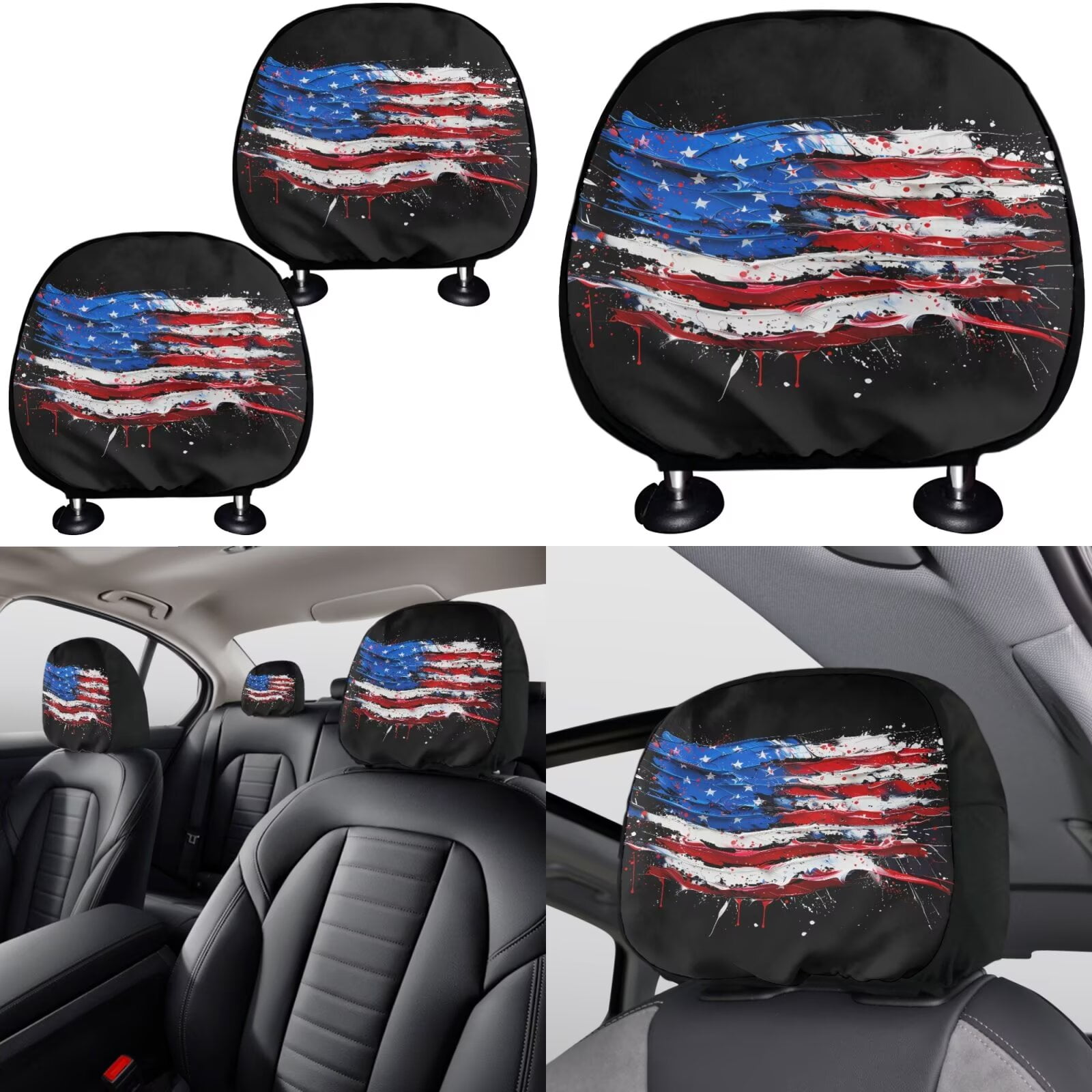 Garronmavis American Flag Seat Covers Full Set with Steering Wheel Wrap Gear Shift Cover Handbrake Sleeve Headrest Protectors Cup Coasters Decor Accessories Fit for Sedans Van Truck SUV