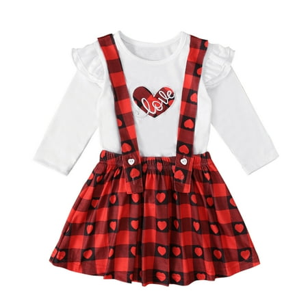 

Honeeladyy Toddler Kids Baby Girls Valentine s Ruffle Tops+Suspender Heart Plaid Skirts Set Red