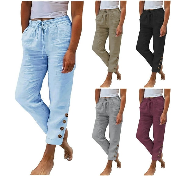 FRSASU Women's Casual Pants Loose Fit Style Cotton Linen Ankle Trousers Summer Baggy Slacks Wine