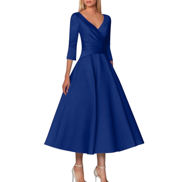 WTXUE Robes pour Femmes 2024, Invitée de Mariage Rétro Grande Taille Élégante à Col en V Longueur Thé Satin Manches Mi-Longues avec Plis, Robe Bleue Femme, Bleu m