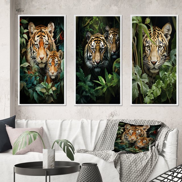 Designart "Tigers In Asian Painting IX" Asian Framed Wall Art Set Of 3 - Green Asian Art Frame Gallery Set For Office Decor