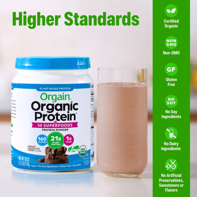 Orgain Organic Vegan 21g Protein Powder 50 Superfoods, Plant Based,  Chocolate