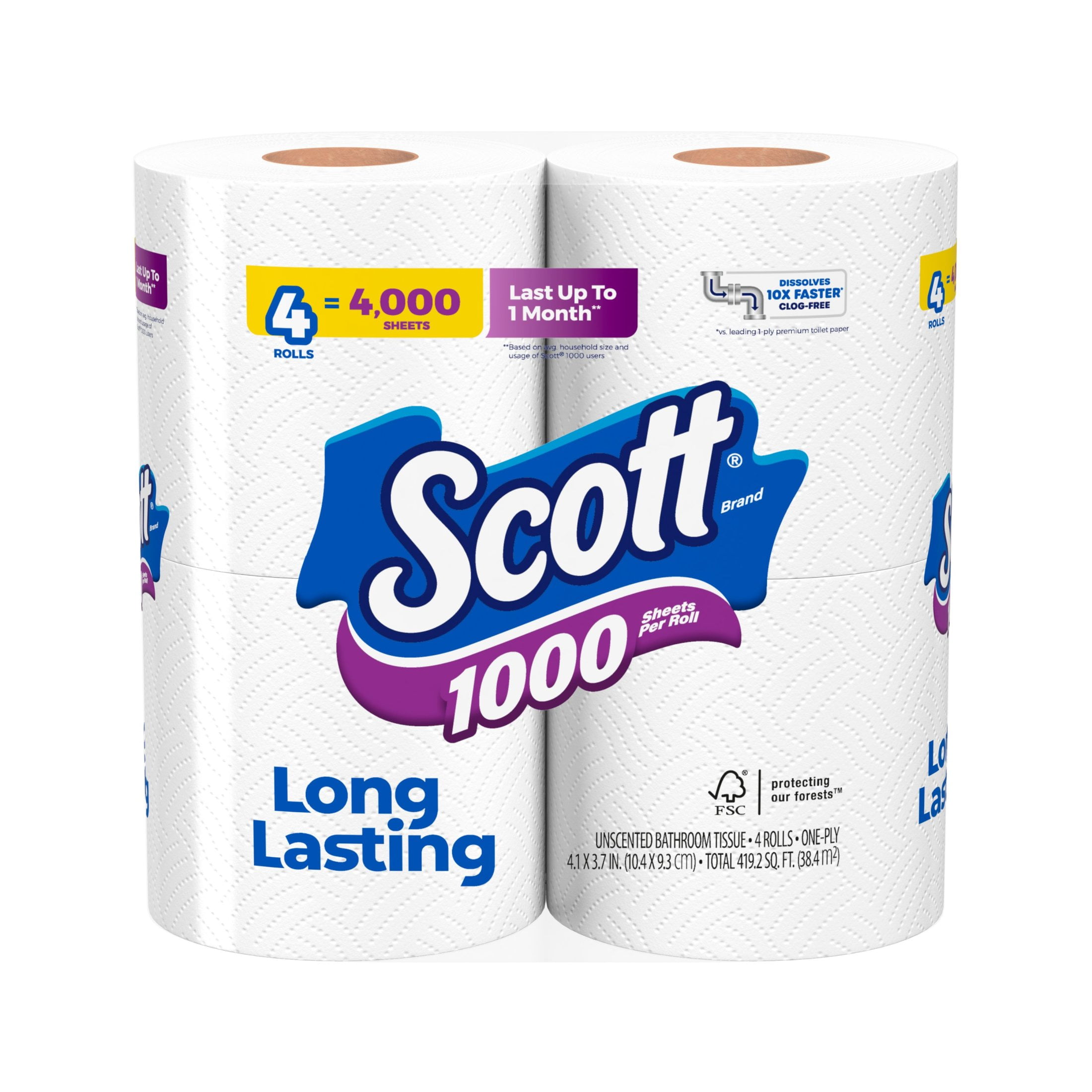 Scott 1000 Toilet Paper, 4 Rolls, 1,000 Sheets per Roll