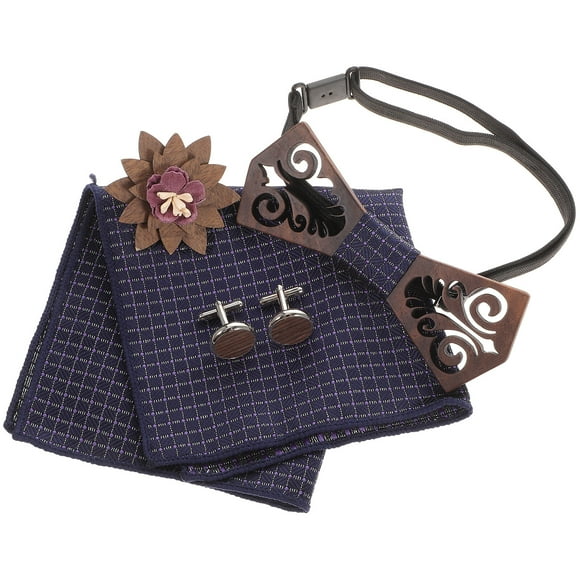 5Pcs Hollow Out Wooden Bowtie Sleeve Button Vintage Style for Men Anniversary Birthday Wedding Decor (Bow Tie + Cufflinks + Corsage + Square Towel + Wooden Box)