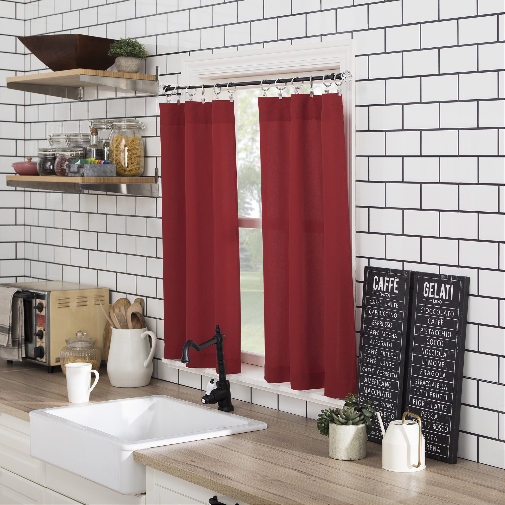 Mainstays 3-Piece Semi Sheer Rod Pocket Kitchen Window Tier Pair and Valance, 2 Café Curtains and 1 Curtain Valance, Red, 54"W x 36"L