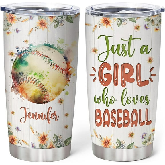 Personalized Gifts Baseball Lover - Just A Girl Who Loves Baseball Custom Name Stainless Steel Tumbler 20 oz With Lid - Idea Sport Lover Gifts For Women, Girl kids On Birthday, Christmas