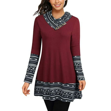 Women's Cowl Neck Tunics Long Sleeve Patchwork Form Fitting Casual A-Line Top (Best Form Fitting T Shirts)