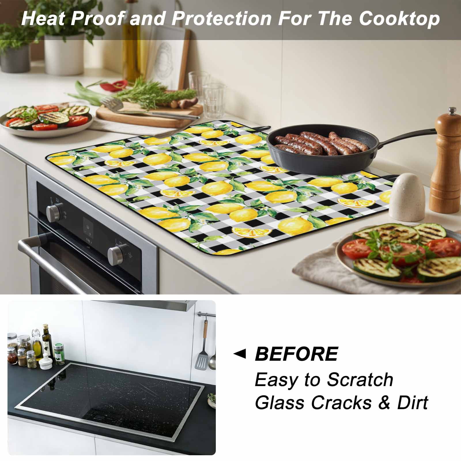 Lemon Yellow Stove Top Cover for Electric Stove, Heat-proof & Non Slip Glass Top Stove Cover Protector, Watercolor Fruit Black White Buffalo Plaid Kitchen Flat Cooktop Rubber Mat 24x21 Inches