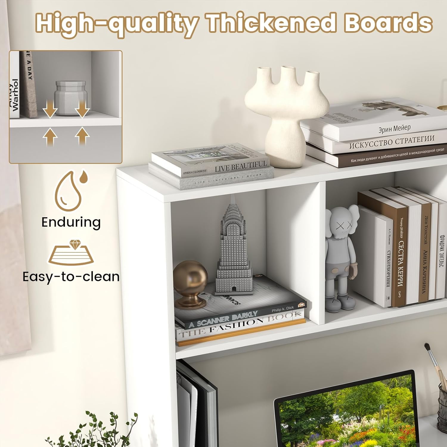 CRXX Desktop Bookshelf, Countertop Storage Hutch with 4 Shelves for Computer Desk, Dressing Tabletop Display Rack, Multipurpose Desk Hutch Storage Organizer for Home Office Dorm, White
