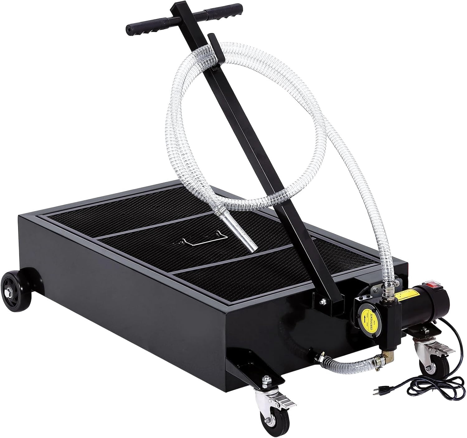 AOILE Low Profile Oil Drain Pan with 110V 180W Electric Pump, 8 Ft Hose & Folding Handle, Rolling Steel Waste Oil Drain Cart, 15-25 Gallon Heavy-Duty Oil Change Pan for Cars, Trucks, RVs & Buses