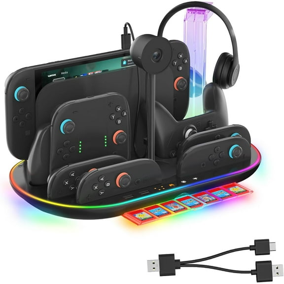 For Switch 2 2025 Charging Dock Stand with Cooling Fan,Charger for Joycons 2 and Switch 2 Pro Controller with RGB Light Storage Stand for Headset & Camera Storage Slot &7 Game Card Slots