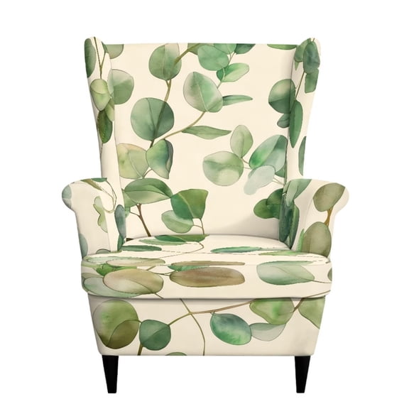 SEANATIVE Anti-slip Wingback Chair Slipcover 2 Piece Wing Chair Cover Soft Armchair Cover Washable Stain-Resistant Dust-Proof Furniture Protector with Elastic Bottom, Eucalyptus Leaf Green Beige