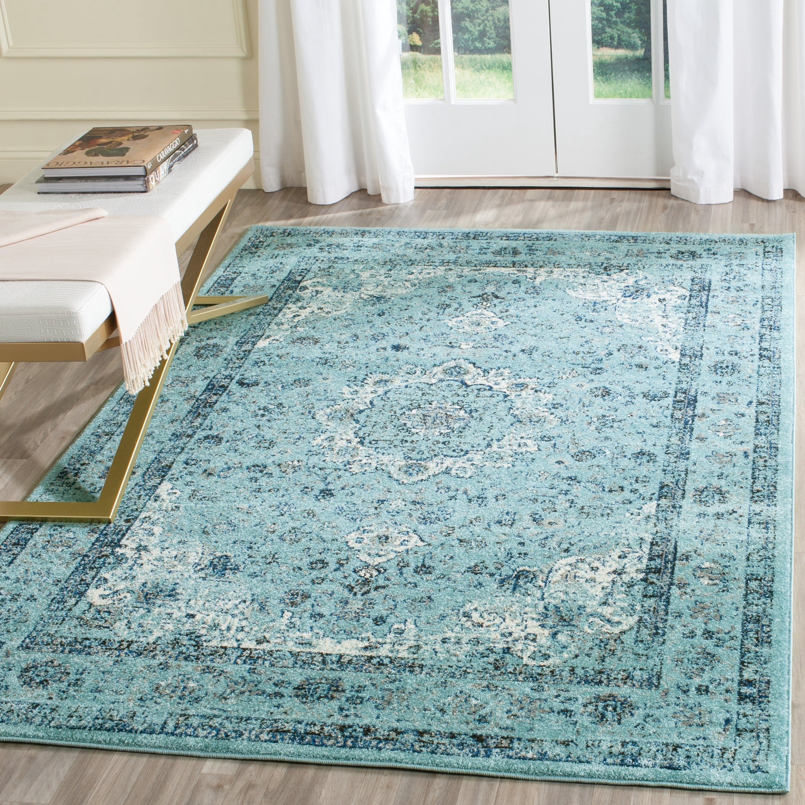SAFAVIEH Evoke Teale Bordered Area Rug, Ivory/Blue, 12' x 18'
